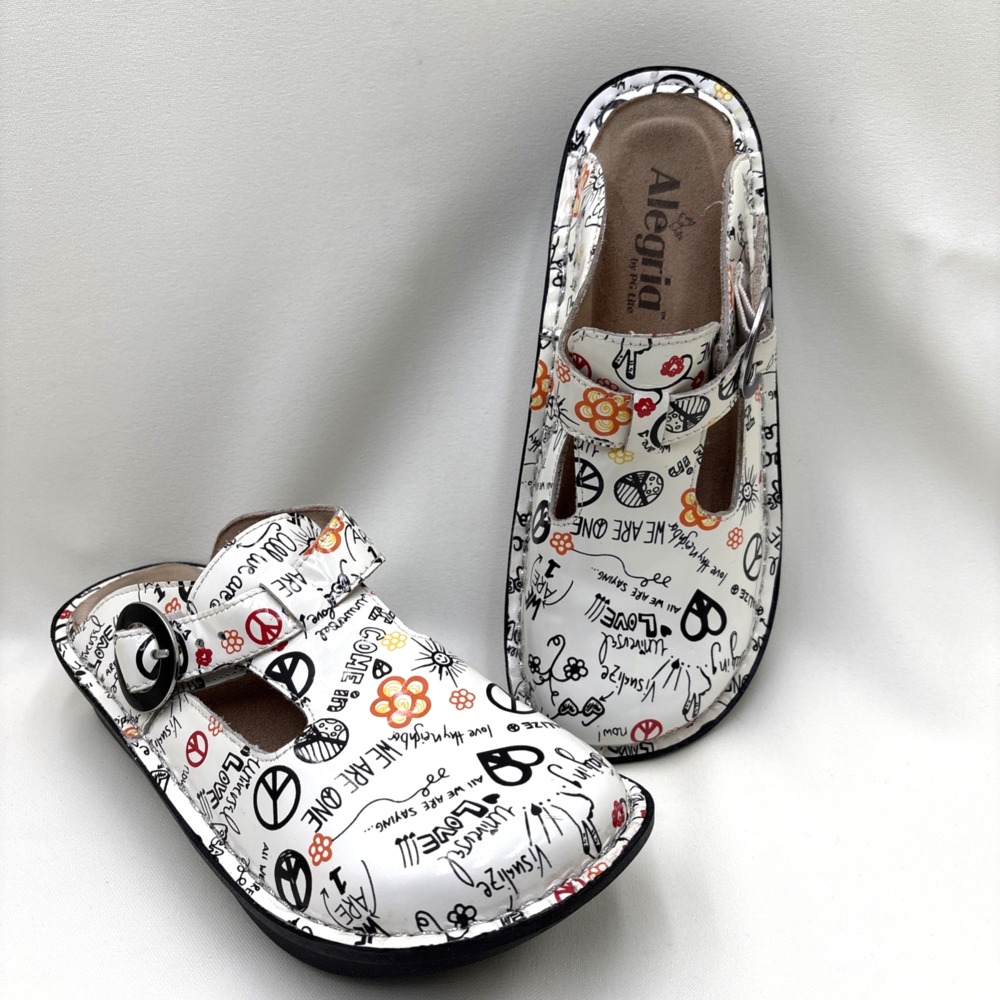 Alegria Peace & Love T-Strap Ivory Multicolor Leather Clogs - Size EU 36 - US 6